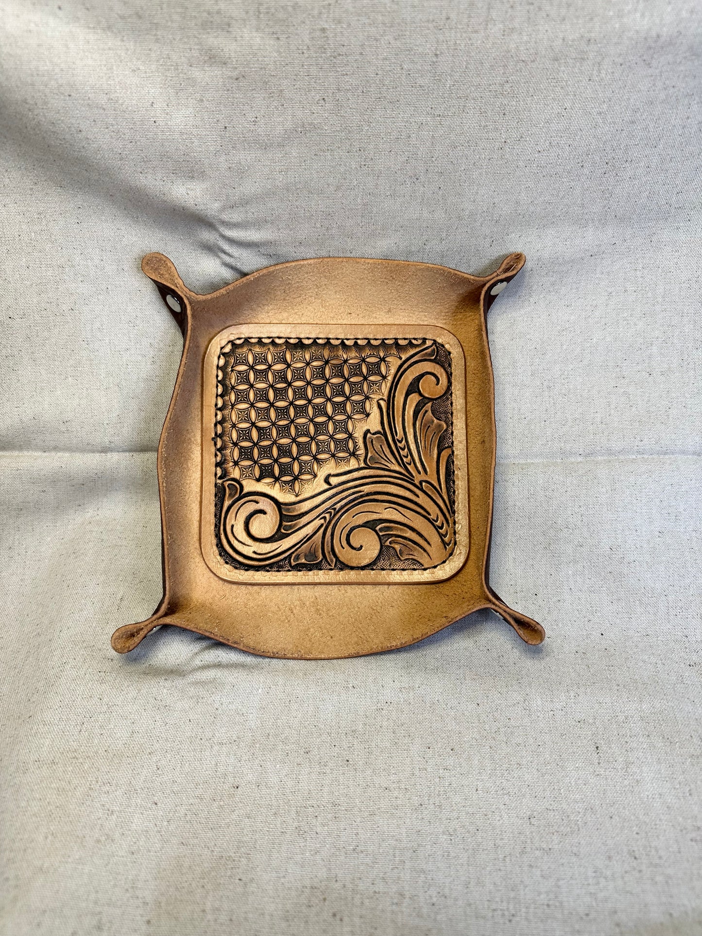 Valet Tray - Floral Tooled & Geometric / Lighter Brown Leather