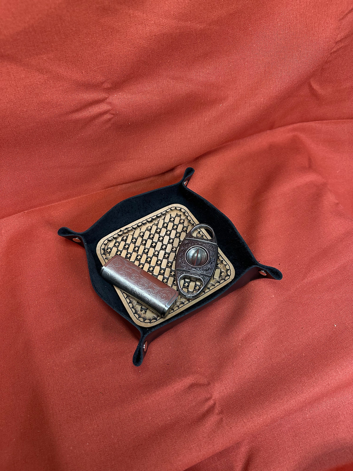 Valet Tray - Black Leather, Texas Basketweave